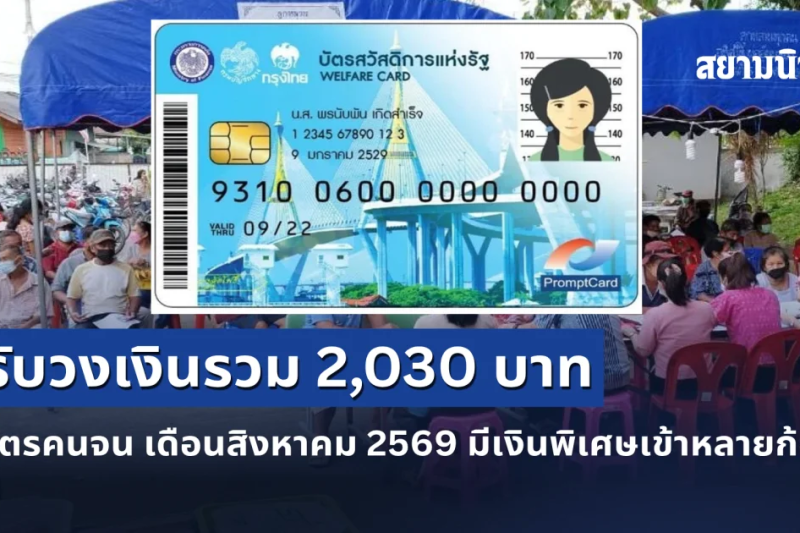 รัฐบาลประกาศแล้ว! บัตรสวัสดิการแห่งรัฐ เดือนสิงหาคม 2569 รับวงเงินรวม 2,030 บาท